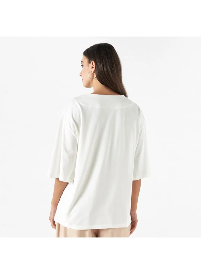 Iconic Iconic Embellished Round Neck Top with Short Sleeves