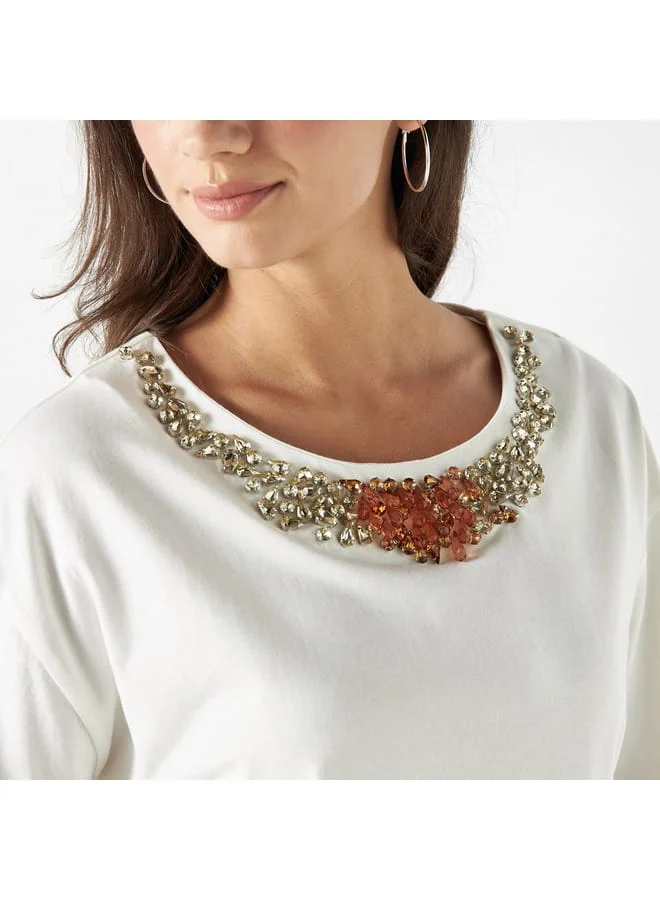 Iconic Iconic Embellished Round Neck Top with Short Sleeves