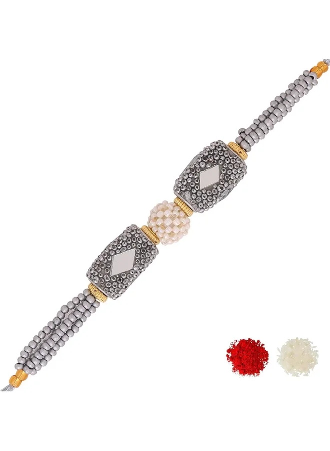 VOYLLA Silver Beaded And Pearls Rakhi With Roli Chaawal Pack