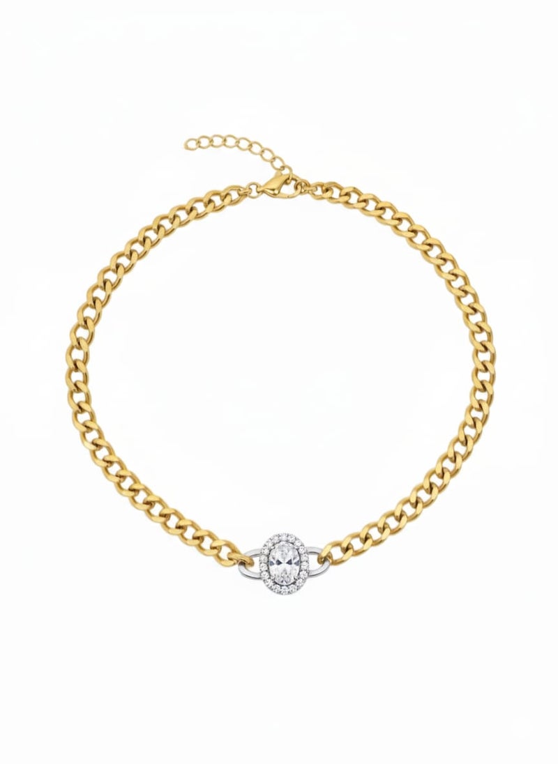 A wide gold-plated chain necklace with a circular halo pendant, a silver center surrounded by a circle of sparkling stones - with additional links for adjusting the size. - Image 2
