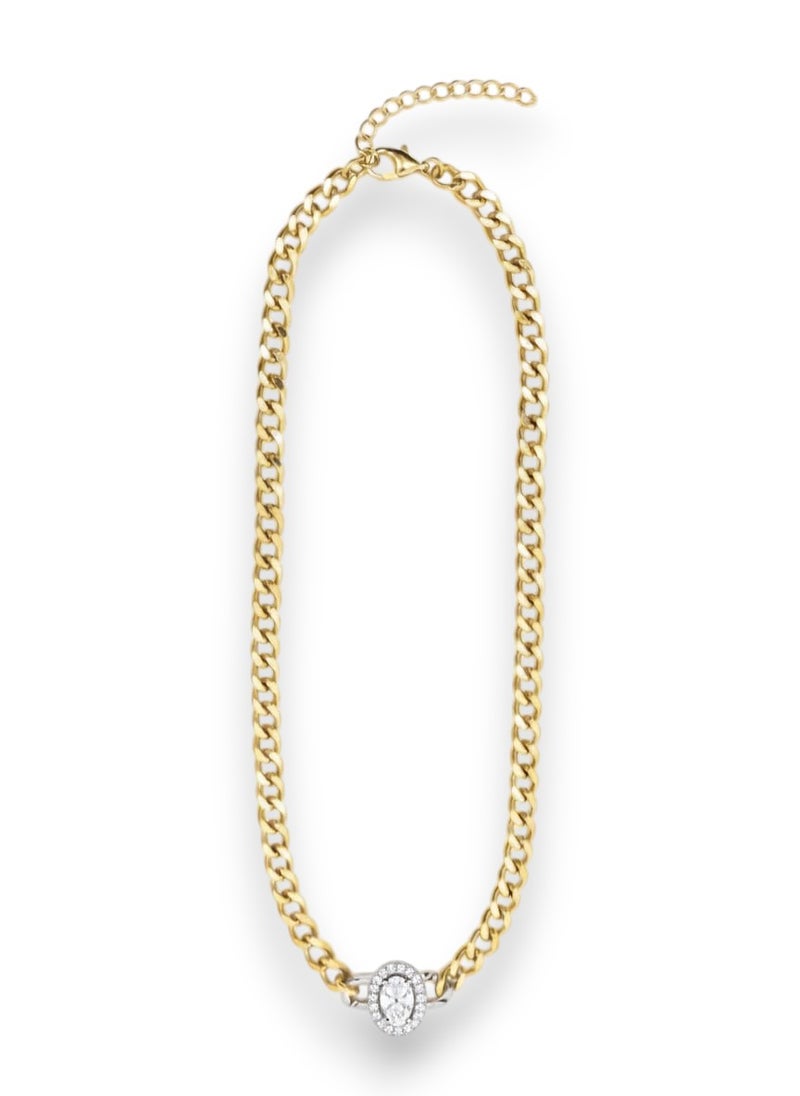 A wide gold-plated chain necklace with a circular halo pendant, a silver center surrounded by a circle of sparkling stones - with additional links for adjusting the size. - Image 1