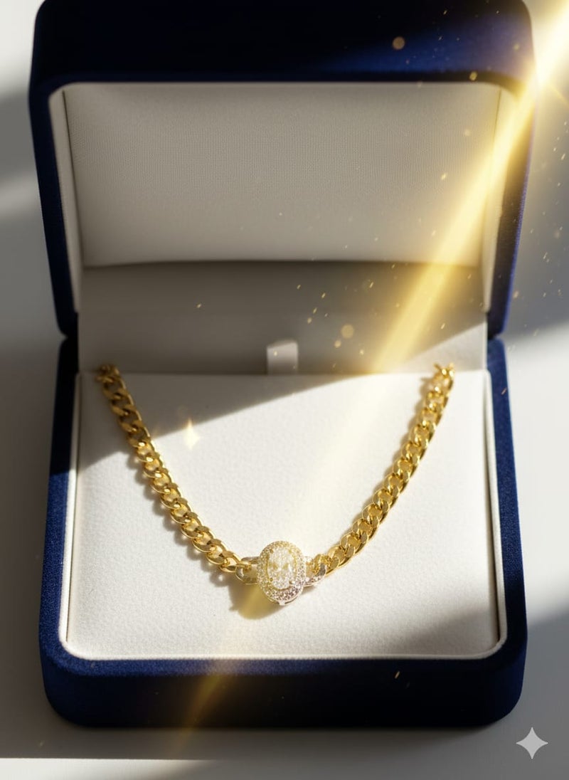 A wide gold-plated chain necklace with a circular halo pendant, a silver center surrounded by a circle of sparkling stones - with additional links for adjusting the size. - Image 3