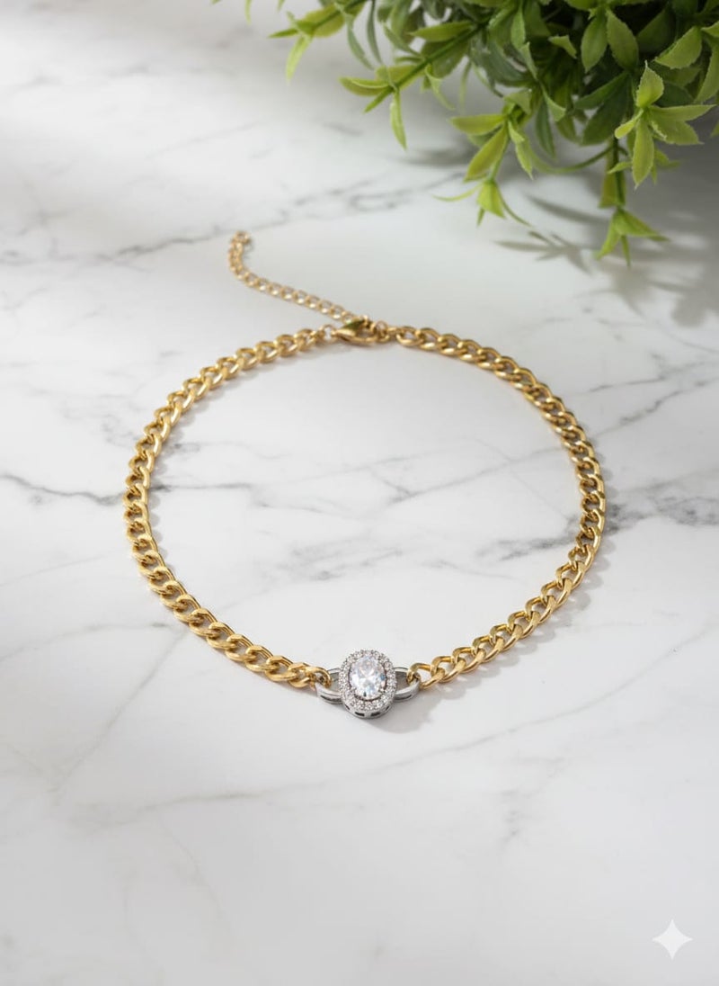 A wide gold-plated chain necklace with a circular halo pendant, a silver center surrounded by a circle of sparkling stones - with additional links for adjusting the size. - Image 4