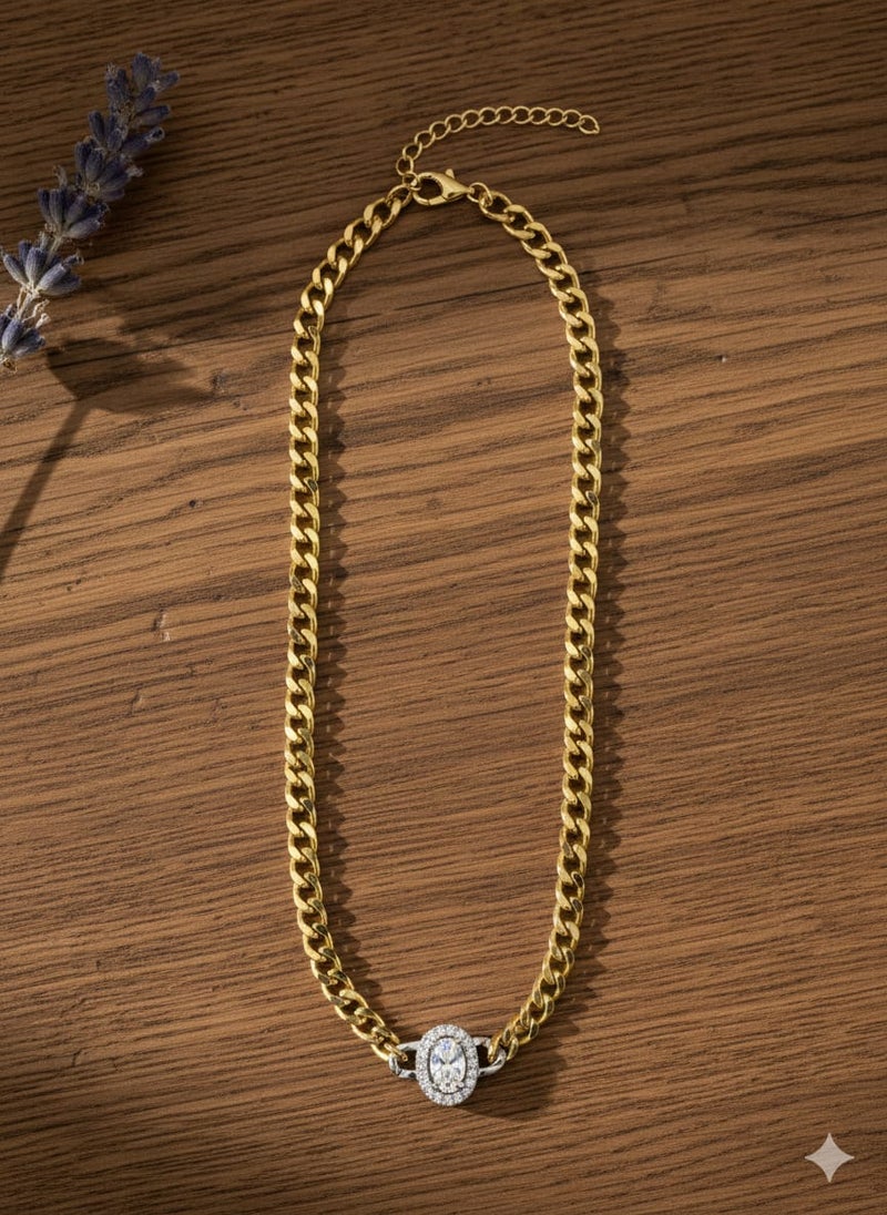 A wide gold-plated chain necklace with a circular halo pendant, a silver center surrounded by a circle of sparkling stones - with additional links for adjusting the size. - Image 5