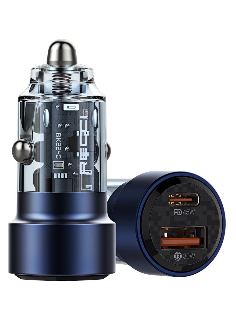 Recci Fast Car Charger 75W 2 Port Car Power Adapter Type C PD 45W for iPhone and USB A 30W Compatible With iPhone 13/14/15/16 iPad Samsung Xiaomi Apple Watch Transparent Design Clear Blue  - Image 1