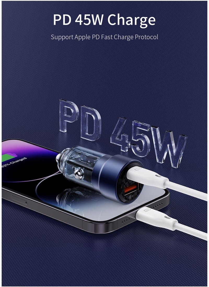 Recci Fast Car Charger 75W 2 Port Car Power Adapter Type C PD 45W for iPhone and USB A 30W Compatible With iPhone 13/14/15/16 iPad Samsung Xiaomi Apple Watch Transparent Design Clear Blue  - Image 4