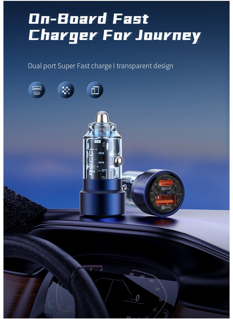 Recci Fast Car Charger 75W 2 Port Car Power Adapter Type C PD 45W for iPhone and USB A 30W Compatible With iPhone 13/14/15/16 iPad Samsung Xiaomi Apple Watch Transparent Design Clear Blue  - Image 2