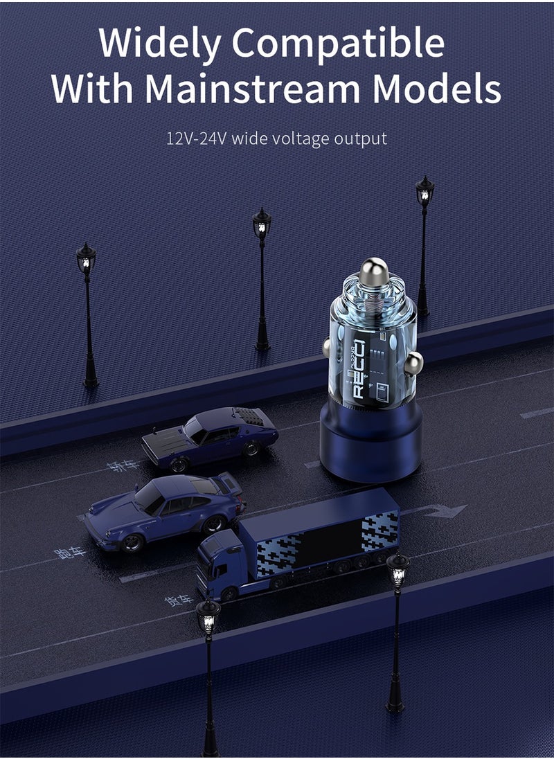 Recci Fast Car Charger 75W 2 Port Car Power Adapter Type C PD 45W for iPhone and USB A 30W Compatible With iPhone 13/14/15/16 iPad Samsung Xiaomi Apple Watch Transparent Design Clear Blue  - Image 5