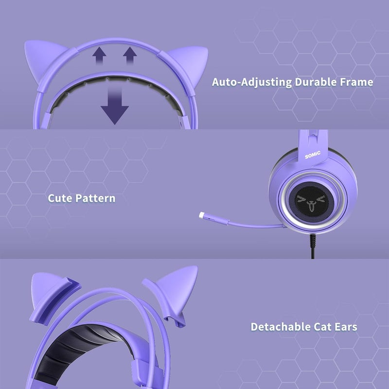 Somic G951S Purple Stereo Gaming Headset with Mic for PS4, PS5, Xbox One, PC, Phone, Detachable Cat Ear 3.5MM Noise Reduction Headphones Computer Gaming Headphone Self-Adjusting Gamer Headsets - Image 5