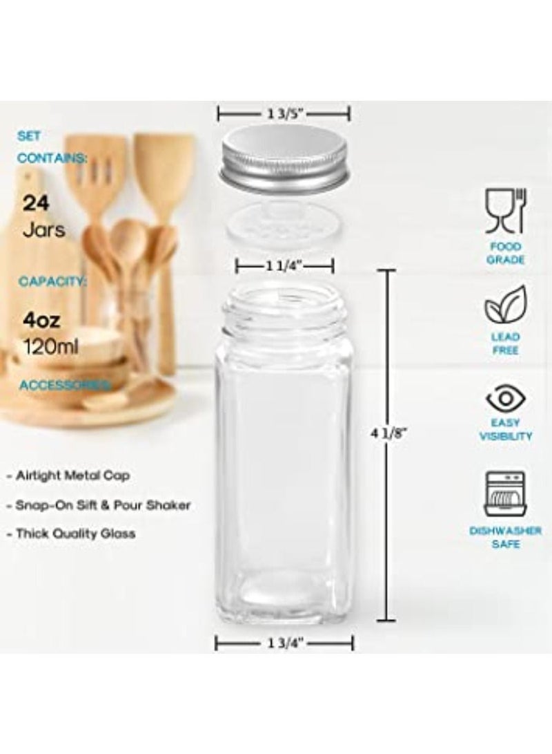 QUESERA 24 Pcs Glass Spice Jars with White Printed Spice Labels  4oz Empty Square Spice Bottles  Shaker Lids and Airtight Metal Caps  Silicone Collapsible Funnel - Image 2