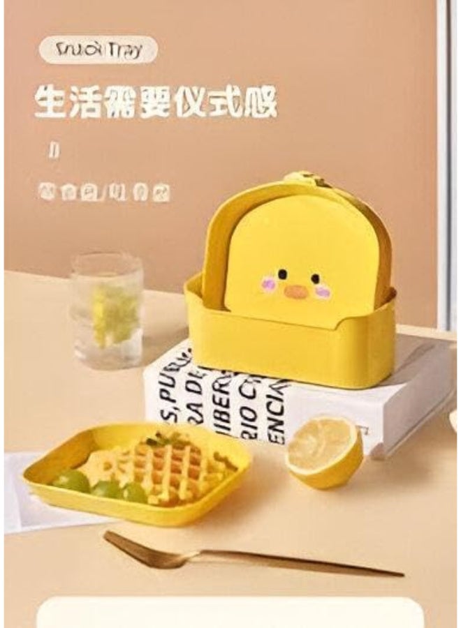 طقم أطباق بتصميم بطة مكون من 6 قطع مع حامل - أطباق عشاء ووجبات خفيفة قابلة للتكديس، خفيفة الوزن وسهلة التنظيف للأطفال والكبار (أصفر) - Image 4