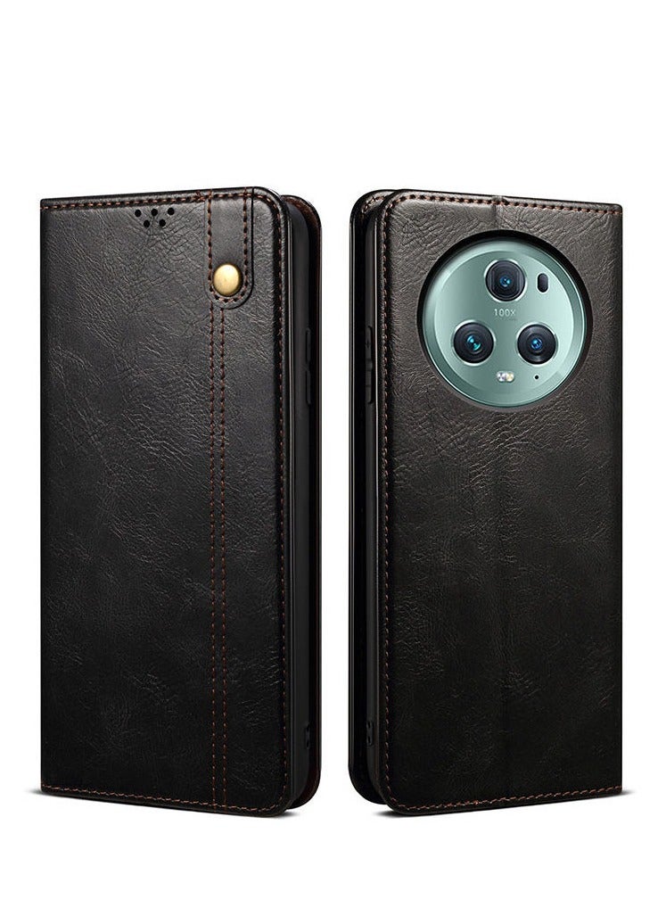 General For Honor Magic 5/5 Pro Phone Case - Crazy Horse Magnetic Flip Wallet Case with Credit Card Slot and Silicone Shockproof Cover.  - Image 1