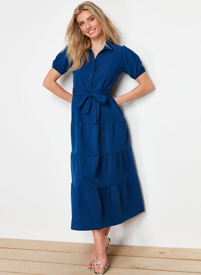 trendyol Indigo Wide Cut Shirt Collar Maxi Woven Dress TWOSS24EL00861 - Image 3