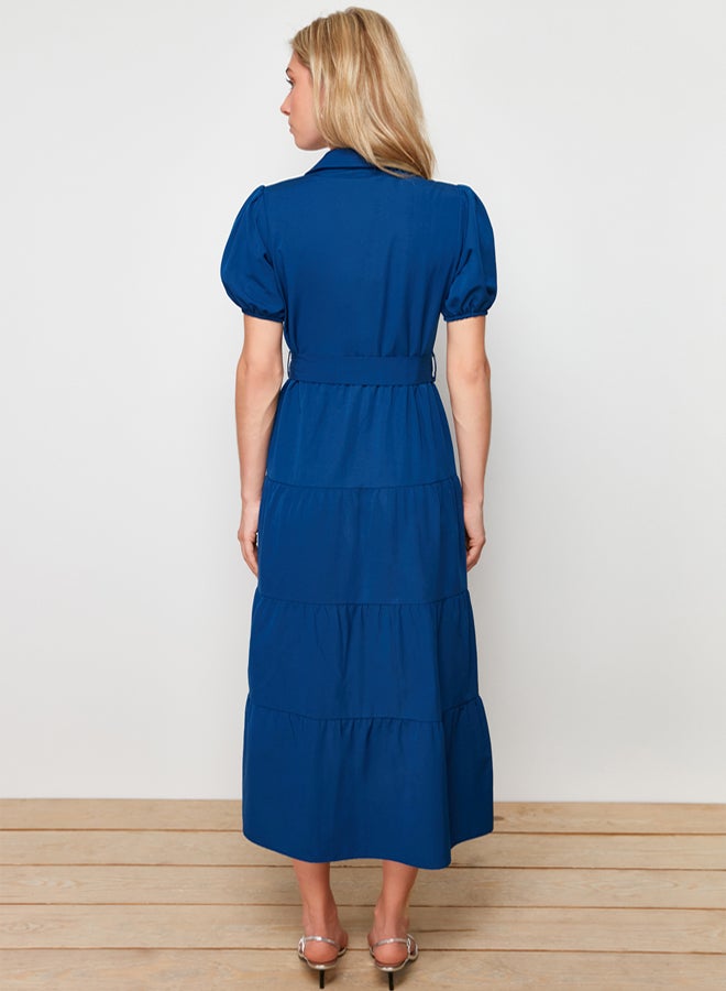 trendyol Indigo Wide Cut Shirt Collar Maxi Woven Dress TWOSS24EL00861 - Image 5