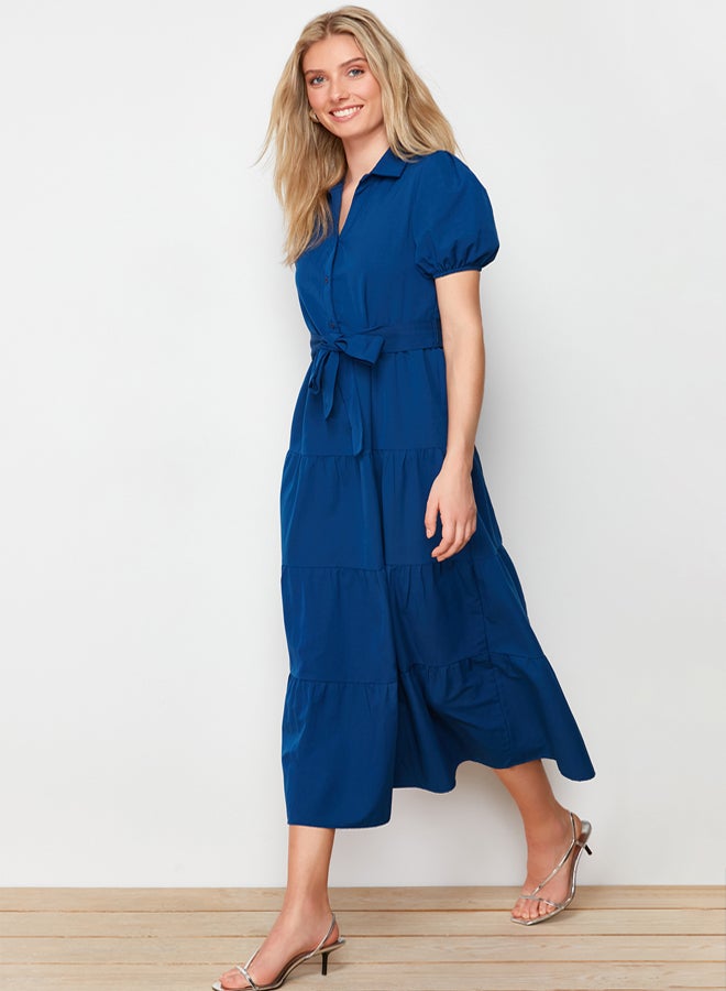 trendyol Indigo Wide Cut Shirt Collar Maxi Woven Dress TWOSS24EL00861 - Image 2