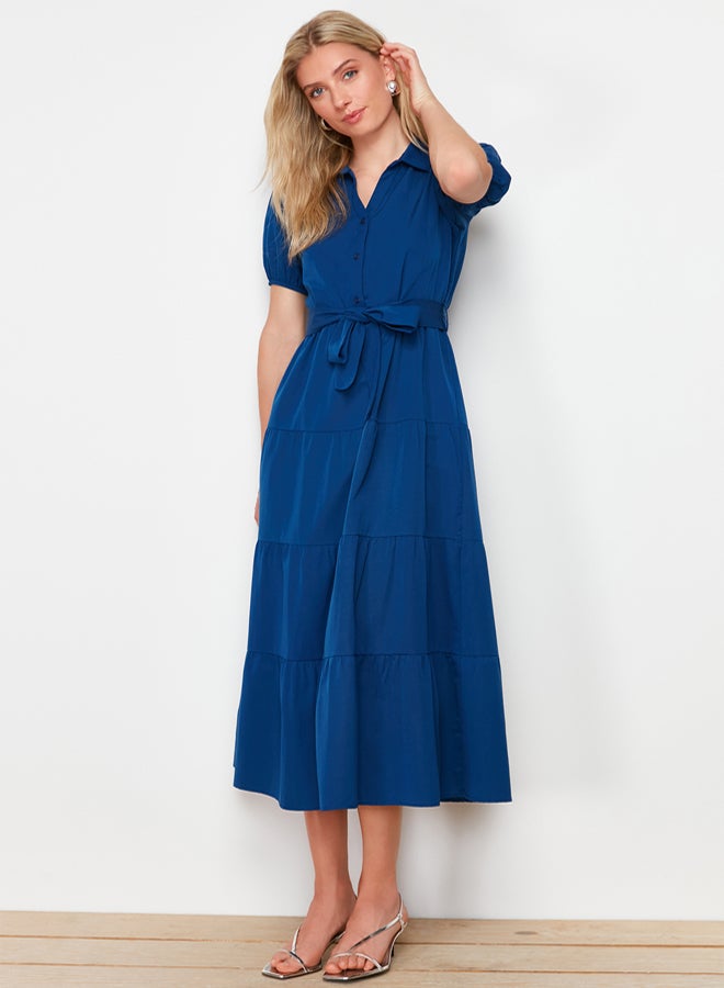 trendyol Indigo Wide Cut Shirt Collar Maxi Woven Dress TWOSS24EL00861 - Image 1