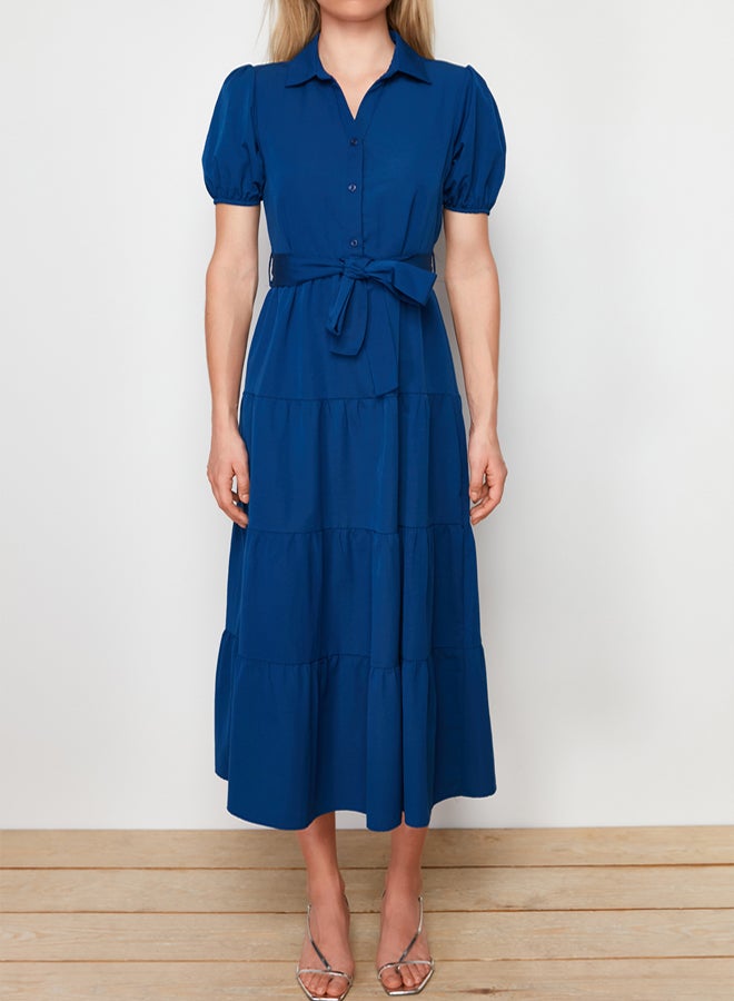 trendyol Indigo Wide Cut Shirt Collar Maxi Woven Dress TWOSS24EL00861 - Image 4
