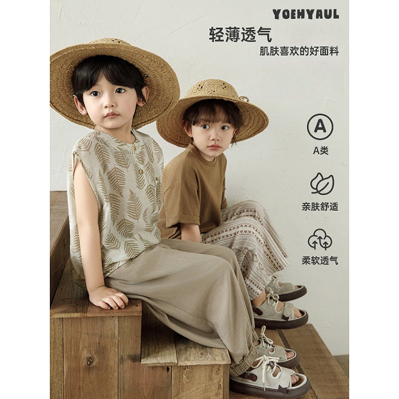 Boys Summer T-Shirt Set Leaf Print Vest Ethnic Pants - Image 4