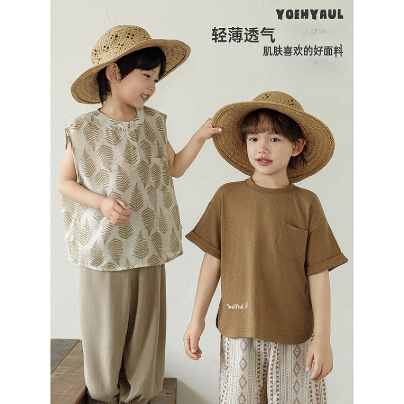 Boys Summer T-Shirt Set Leaf Print Vest Ethnic Pants - Image 3