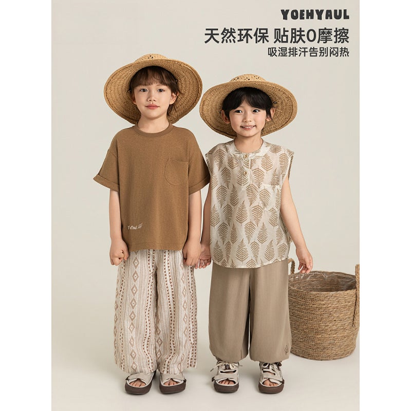 Boys Summer T-Shirt Set Leaf Print Vest Ethnic Pants - Image 2