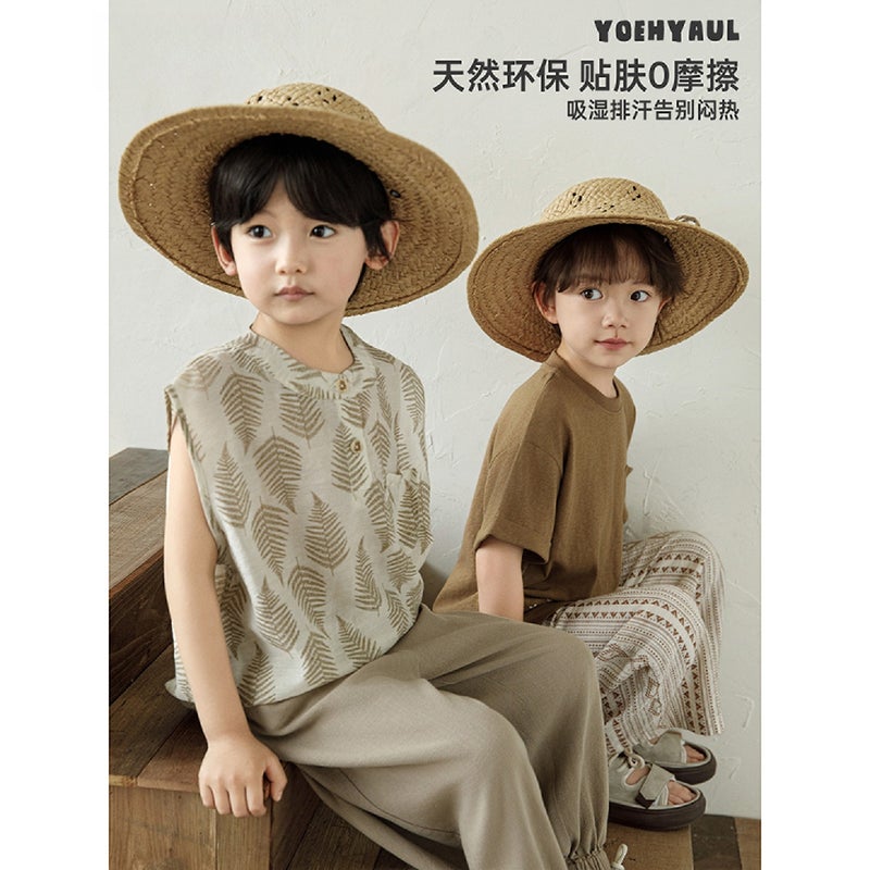 Boys Summer T-Shirt Set Leaf Print Vest Ethnic Pants - Image 1