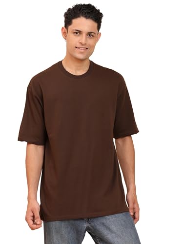 ENCIGER Men's Oversized T-Shirt 100% Cotton Plain Solid Casual Tee (Brown, M) - Image 1