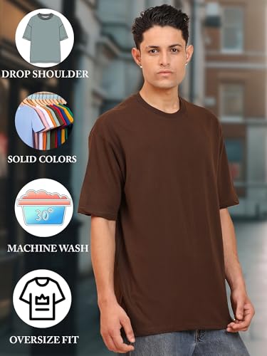 ENCIGER Men's Oversized T-Shirt 100% Cotton Plain Solid Casual Tee (Brown, M) - Image 3
