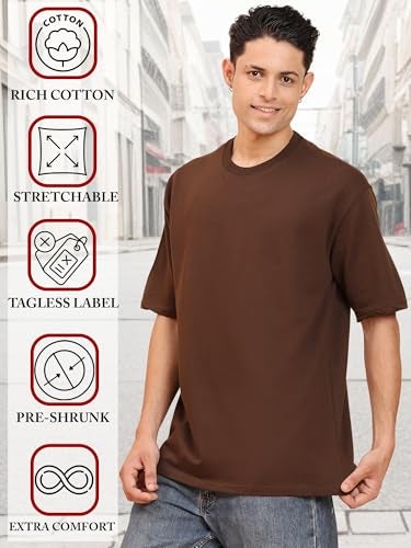 ENCIGER Men's Oversized T-Shirt 100% Cotton Plain Solid Casual Tee (Brown, M) - Image 5