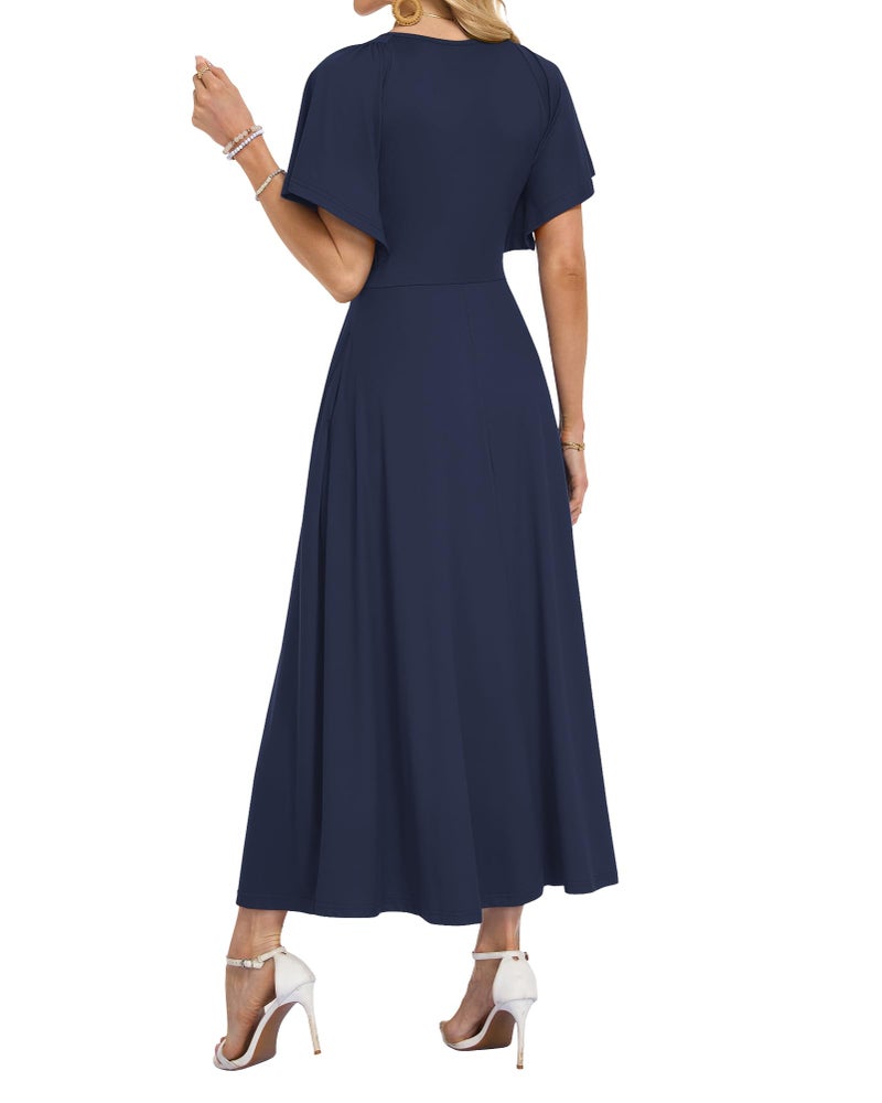 AUSELILY Maxi Dresses Women 2026 Summer Long Flowy Wrap Dress Ruffle Sleeve Deep V Neck Maternity Dress with Pockets Navy Blue L - Image 4