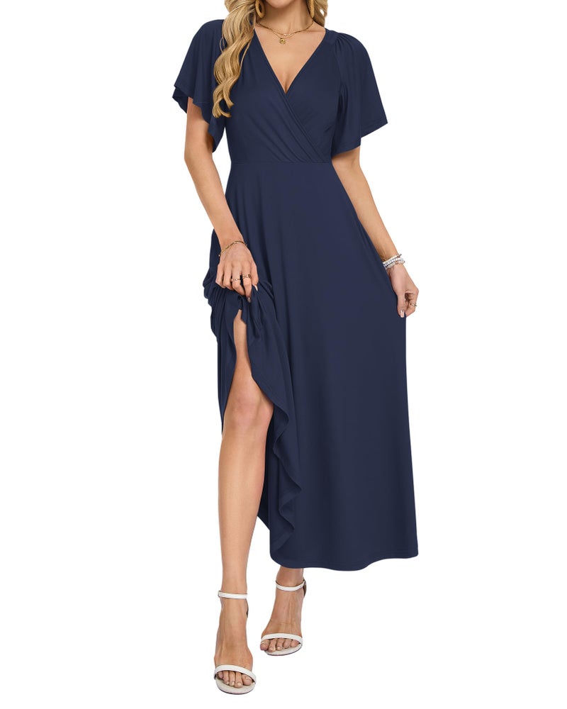 AUSELILY Maxi Dresses Women 2026 Summer Long Flowy Wrap Dress Ruffle Sleeve Deep V Neck Maternity Dress with Pockets Navy Blue L - Image 2