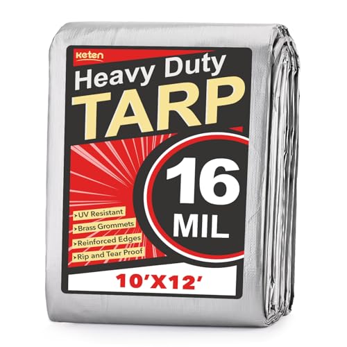 Keten Tarps Heavy Duty Waterproof 10X12 Feet, Extra Thick 16 Mil, Tear & Fade Resistant, UV Blocking, Outdoor Tarp with Reinforced Grommets for Roof, Camping, Patio, Pool, Boat(Silver/Black) - Image 1