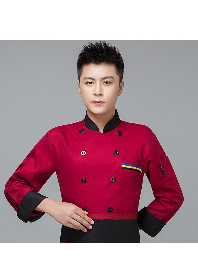 Loquat Chef Uniform Long Sleeve Double-Breasted Stand Collar Waiter T-shirt Red - Image 1