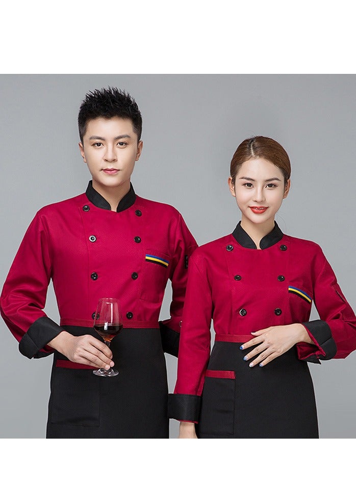 Loquat Chef Uniform Long Sleeve Double-Breasted Stand Collar Waiter T-shirt Red - Image 2