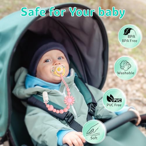 LSTRAGY Pacifier Clip, 2 Pack Silicone Pacifier Clip with One Piece Design for Newborn Boys and Girls, Floral Patterns Pacifier Holder Clip Fits for Most Pacifier, Baby Shower and Baby Gift - Image 4