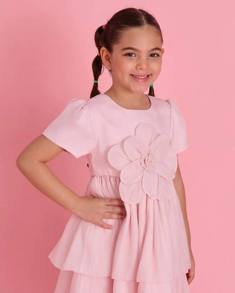 Redtag Girls Pink Flower Embellished Layered Dress