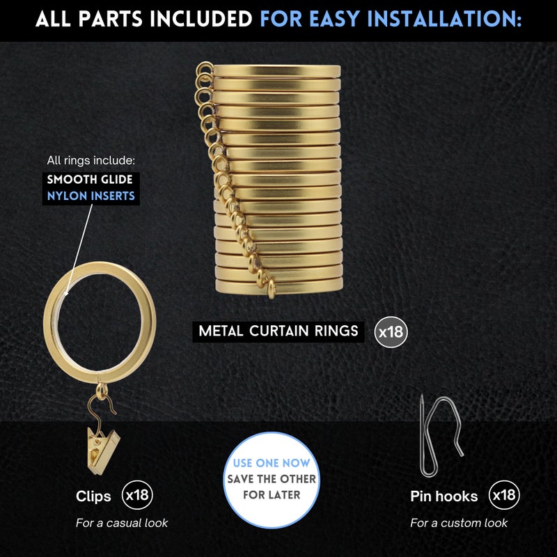 Blasthome Luxury Curtain Rings - Premium Metal With Quiet  Smooth Nylon Inserts - Pinhooks And Clips Included - 1 1/2"" Inside Diameter - 18 Rings For Two Standard Curtains - Brushed Gold - Image 4
