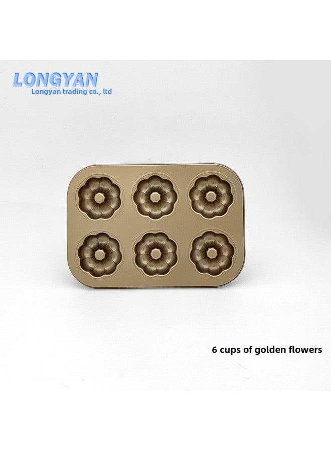Cake Mold Non-stick 6-Piece 4-piece Cup Round Coated Baking Pan Flat Flower Donut Baking Pan Mold-Specifications:6 Cups Golden Flowers - Image 1