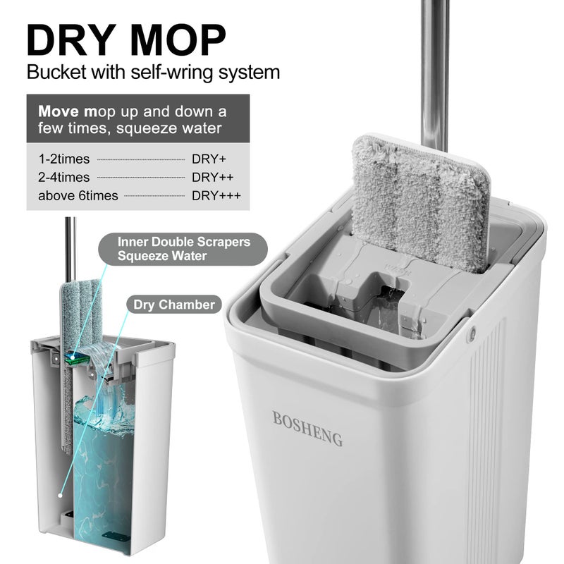 Bosheng Mop And Bucket With Wringer Set  Flat Floor Mop And Bucket  With 3 Microfiber Mops For Floor Cleaning  Wet And Dry Use For Household Cleaning - White - Image 3