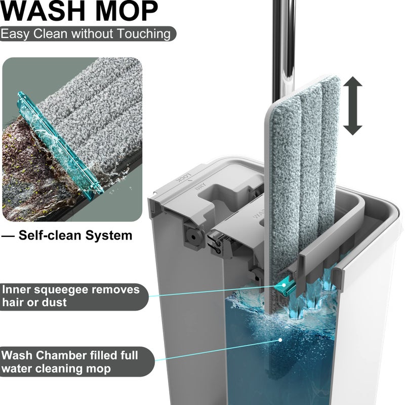 Bosheng Mop And Bucket With Wringer Set  Flat Floor Mop And Bucket  With 3 Microfiber Mops For Floor Cleaning  Wet And Dry Use For Household Cleaning - White - Image 2