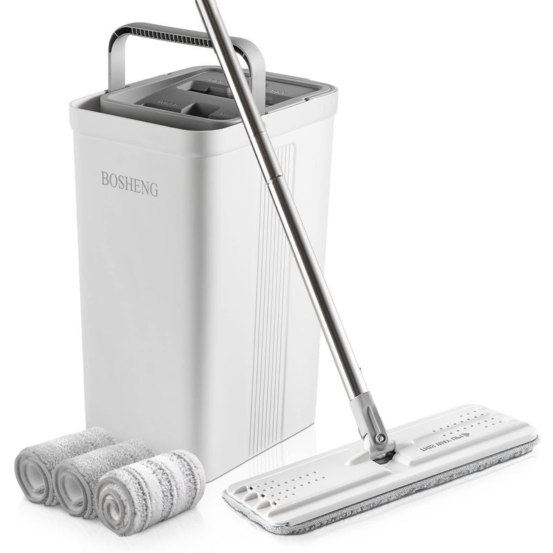 Bosheng Mop And Bucket With Wringer Set  Flat Floor Mop And Bucket  With 3 Microfiber Mops For Floor Cleaning  Wet And Dry Use For Household Cleaning - White - Image 1