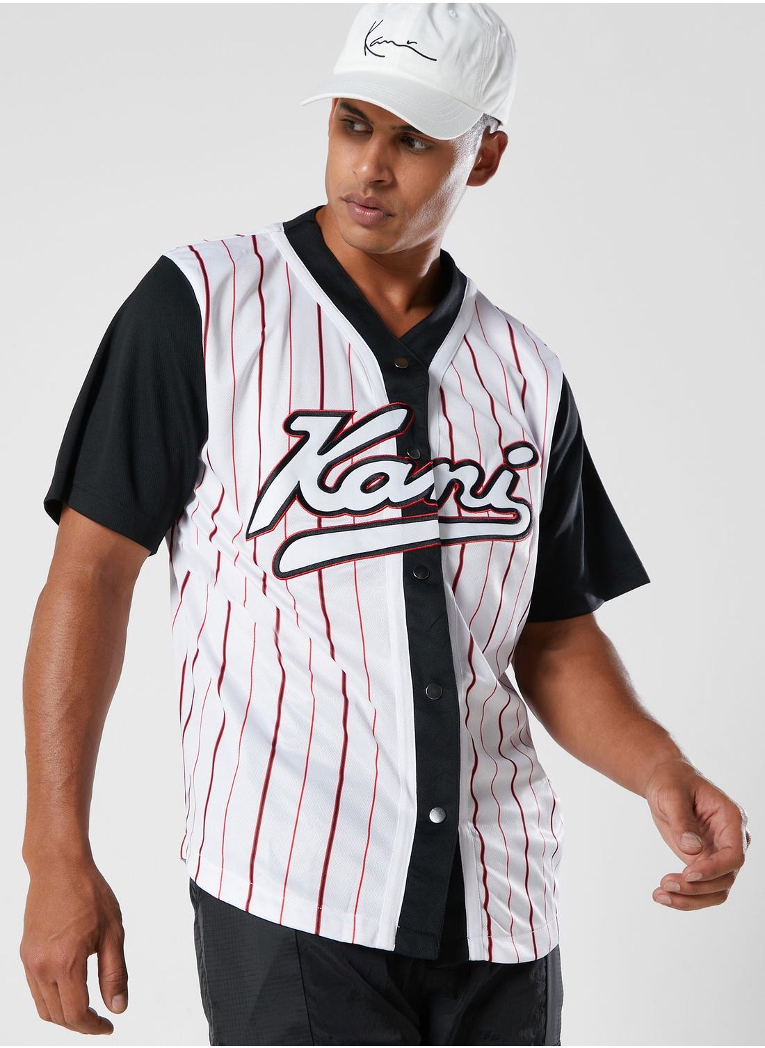 Karl kani Baseball Jersey Varsity Block Pinstripe White