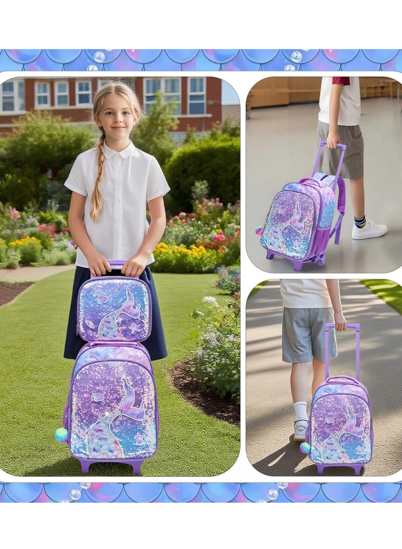 YY-ريشير حقيبة مدرسية للأطفال مكونة من 3 قطع مع حقيبة غداء وحافظة أقلام، حقيبة ظهر بنمط حورية البحر وحيد القرن للفتيات للطلاب - Image 1
