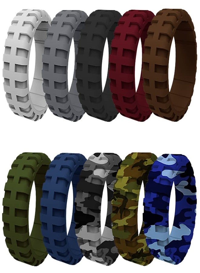 Mens 9mm Wide Tire Pattern Silicone Wedding Band 10pcs set Black Brown Camo Blue Rubber Rings - US Size 7-14 (10)
