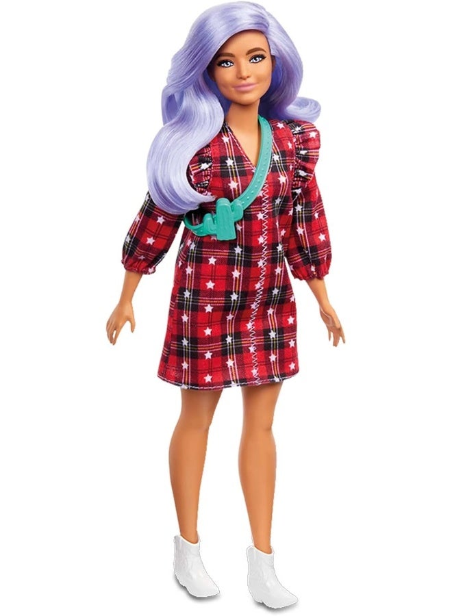 Mattel BARBIE Barbie Fashionistas Doll #157, Curvy with Lavender Hair Wearing Red Plaid Dress, White Cowboy Boots & Teal Cross-Body Cactus Bag, Toy for Kids 3 to 8 Years Old - Image 1