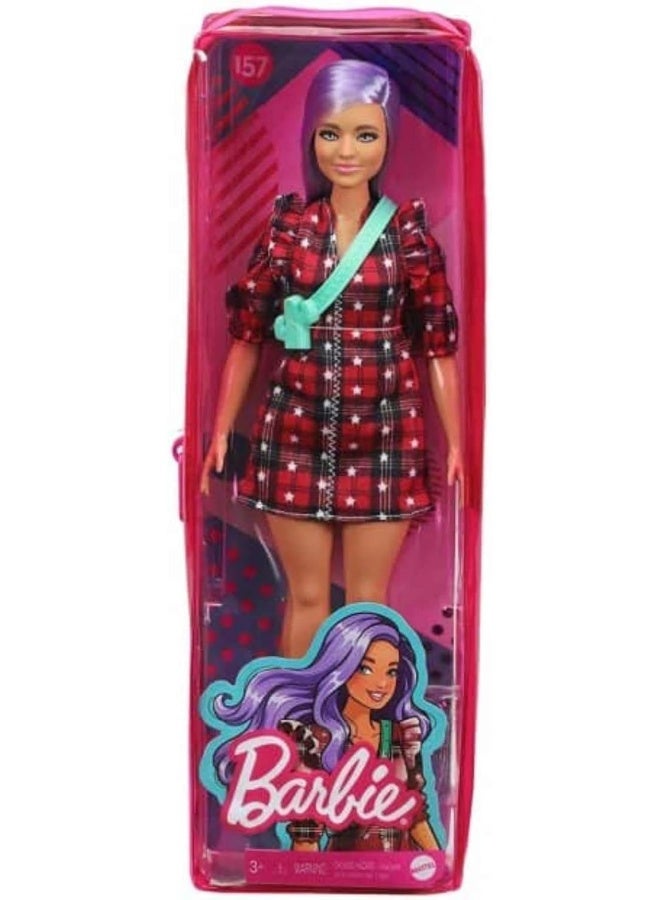 Mattel BARBIE Barbie Fashionistas Doll #157, Curvy with Lavender Hair Wearing Red Plaid Dress, White Cowboy Boots & Teal Cross-Body Cactus Bag, Toy for Kids 3 to 8 Years Old - Image 3