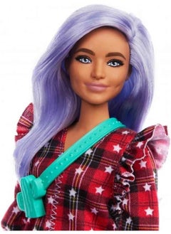 Mattel BARBIE Barbie Fashionistas Doll #157, Curvy with Lavender Hair Wearing Red Plaid Dress, White Cowboy Boots & Teal Cross-Body Cactus Bag, Toy for Kids 3 to 8 Years Old  - Image 2