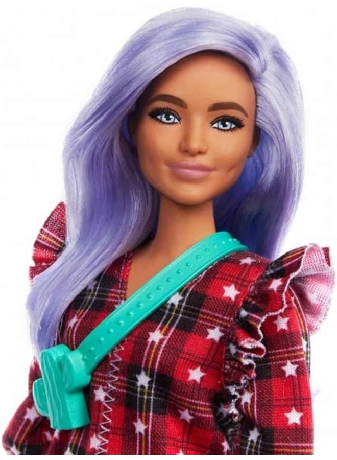 Mattel BARBIE Barbie Fashionistas Doll #157, Curvy with Lavender Hair Wearing Red Plaid Dress, White Cowboy Boots & Teal Cross-Body Cactus Bag, Toy for Kids 3 to 8 Years Old - Image 2
