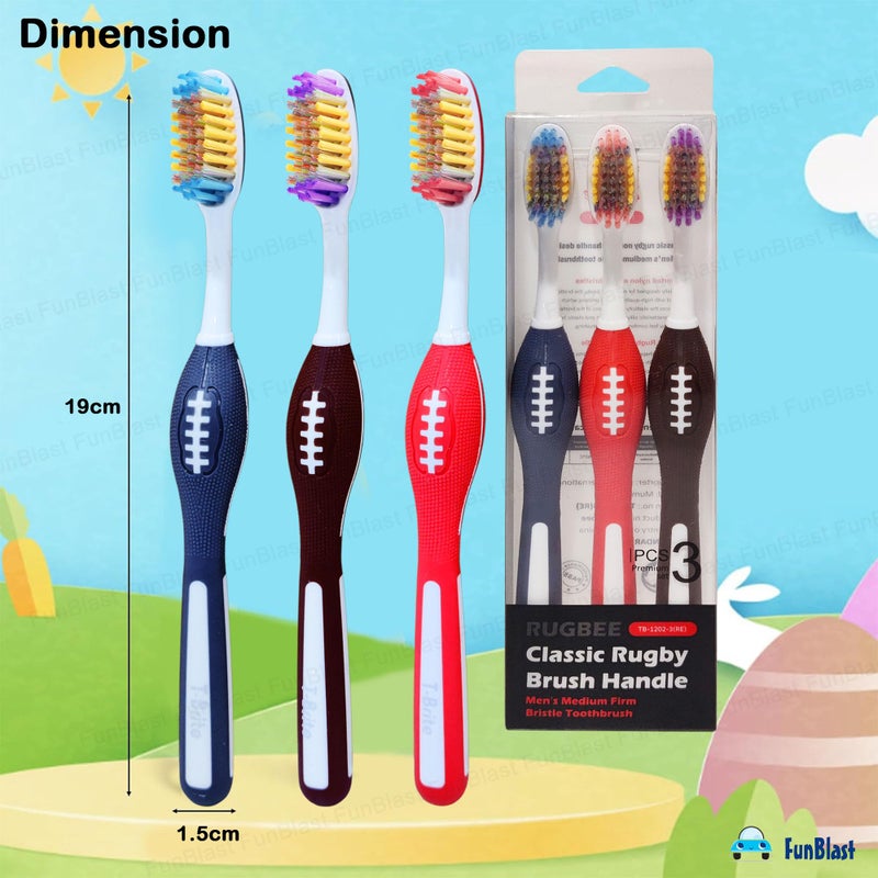 FunBlast Tooth Brush Set - Pack of 3 Pcs Toothbrush for Men & Women, Medium Bristles for Sensitive Teeth with Non-Slip Handle Design, Manual Tooth Brush for Adults (Multicolour) - Image 2