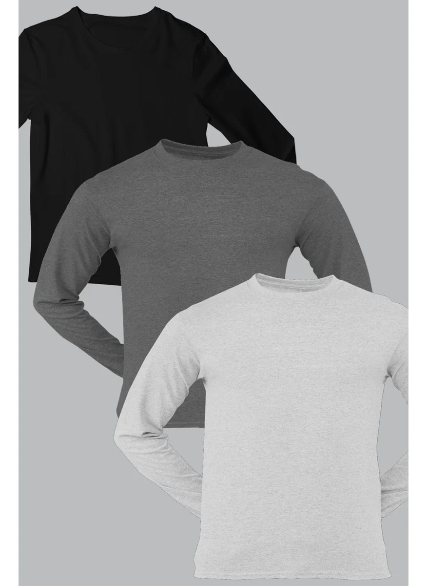 Rock&Roll Plain Black, Anthracite, Gray Long Sleeve Men's T-Shirt 3-Piece Eco Pack