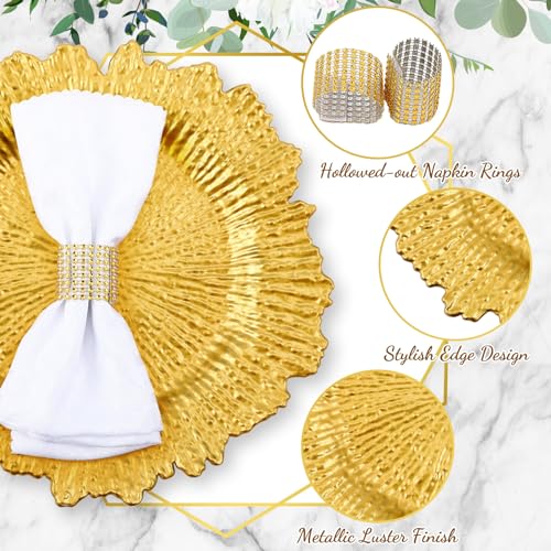Widecook 100 Sets Reef Gold Charger Plates Bulk with Napkin Rings Include 13" Round Chargers for Dinner Plates and Mesh Diamonds Napkin Rings for Table Setting, Wedding Party - Image 4